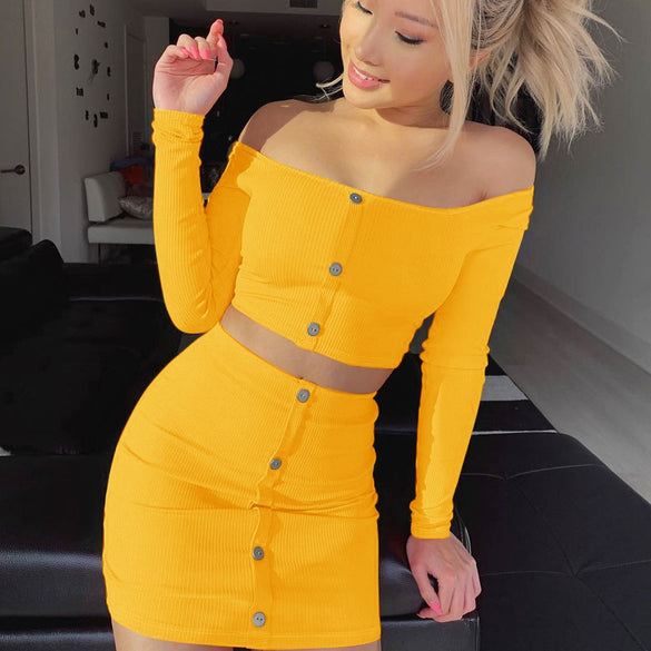 Sexy Off Shoulder Two Piece Set  Long Sleeve Top And Skirt